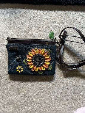 Chala Dark black/briwn Crossbody Bag with Orange, Yellow & Green Floral Applique
